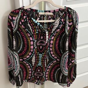 MARIE OLIVER 100% silk colorful printed blouse size XS designer business casual
